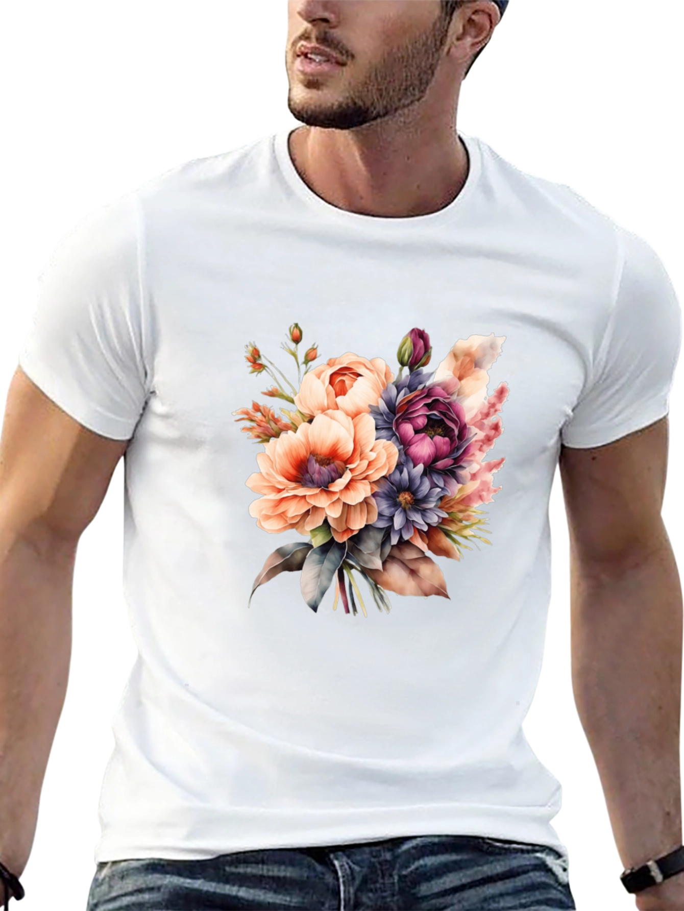 Floral Bouquet Graphic Tee - Black Cotton T-Shirt