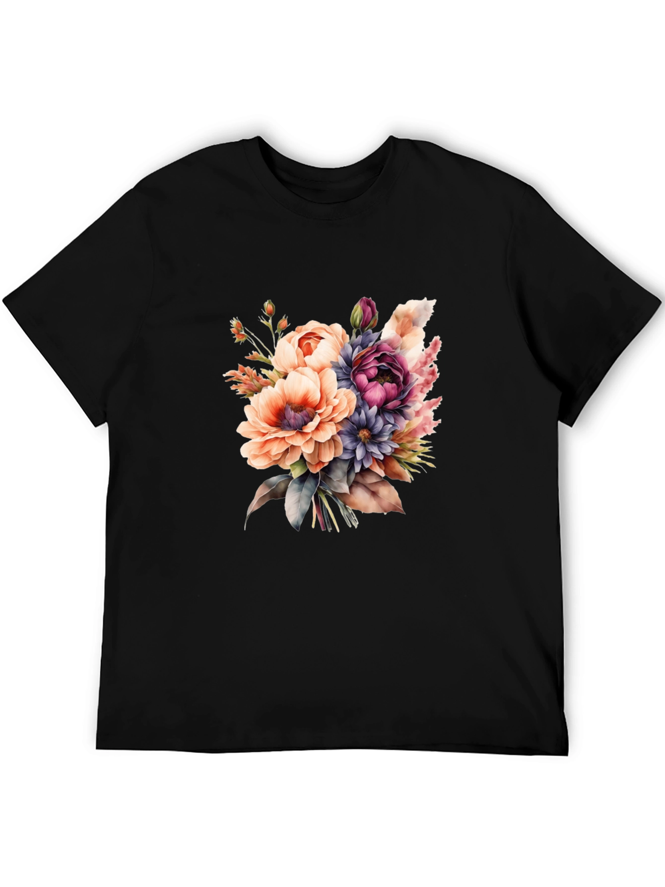 Floral Bouquet Graphic Tee - Black Cotton T-Shirt