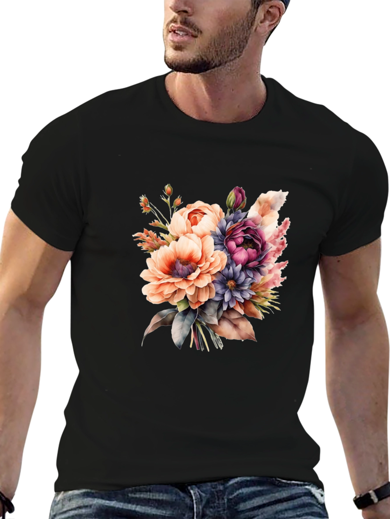 Floral Bouquet Graphic Tee - Black Cotton T-Shirt
