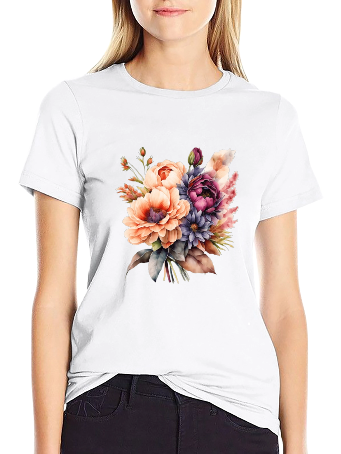 Floral Bouquet Graphic Tee - Black Cotton T-Shirt
