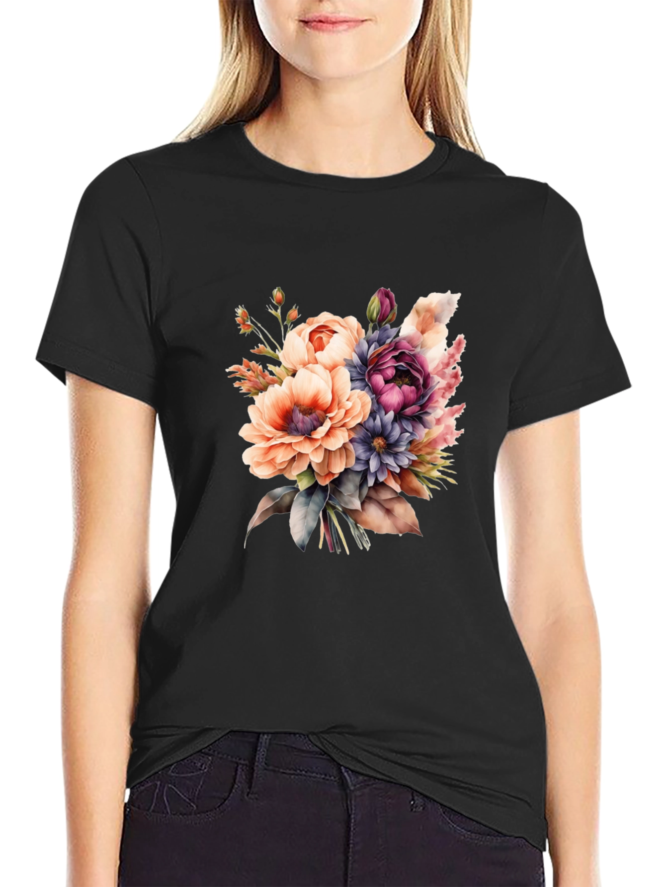 Floral Bouquet Graphic Tee - Black Cotton T-Shirt