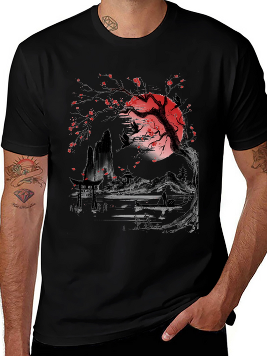 Japanese Art Graphic Tee - Red Moon Cherry Blossoms Birds