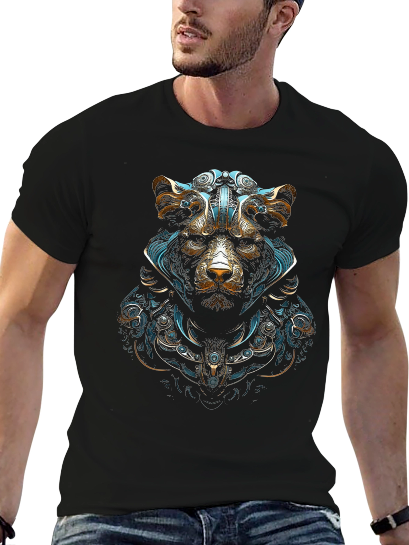 Cyberpunk Bear Graphic Tee - Black Cotton Blend