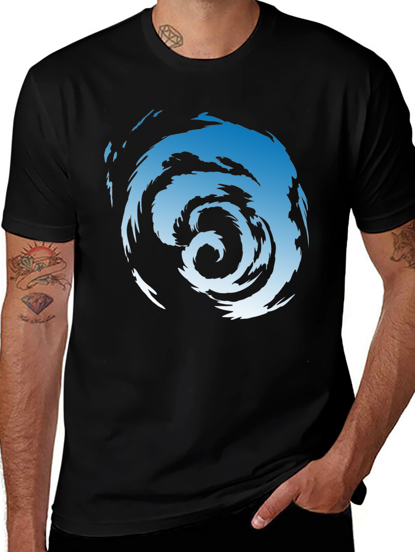 Abstract Swirl Graphic Tee - Mens Black Cotton T-Shirt