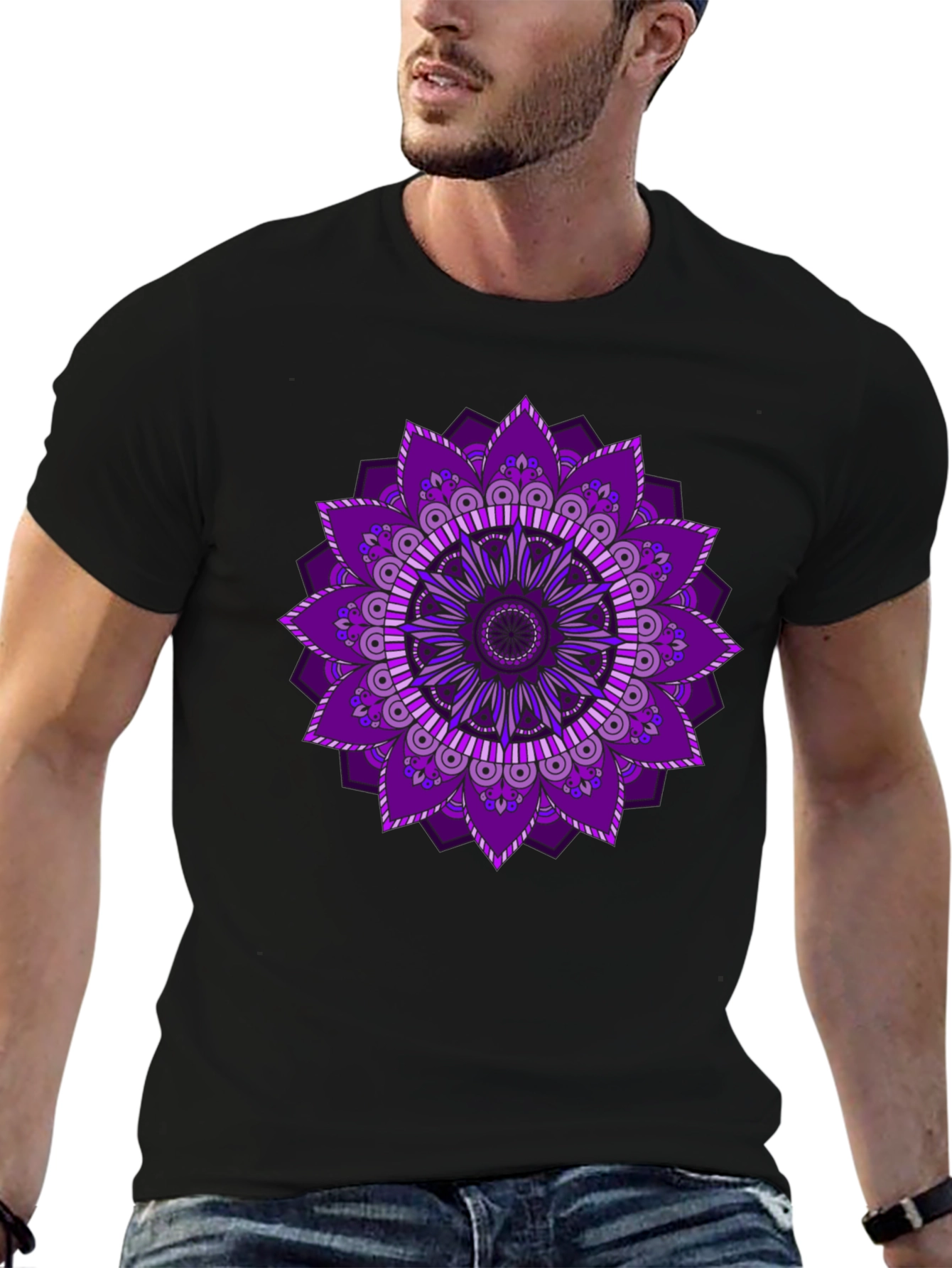 Purple Mandala Print Black T-Shirt
