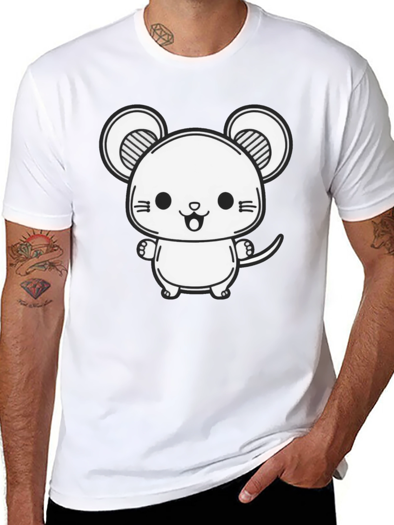Cute Cartoon Mouse Graphic Tee - Black Cotton Blend