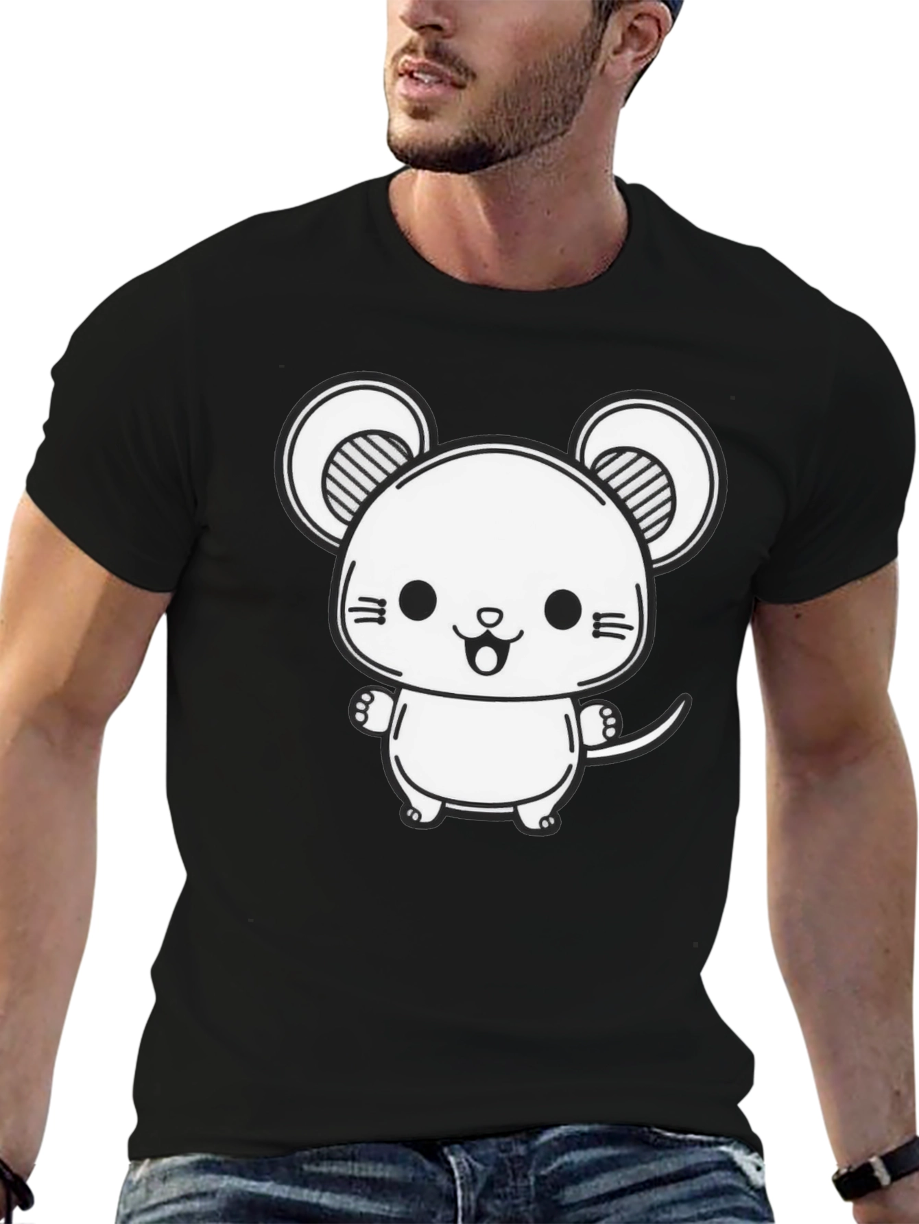 Cute Cartoon Mouse Graphic Tee - Black Cotton Blend