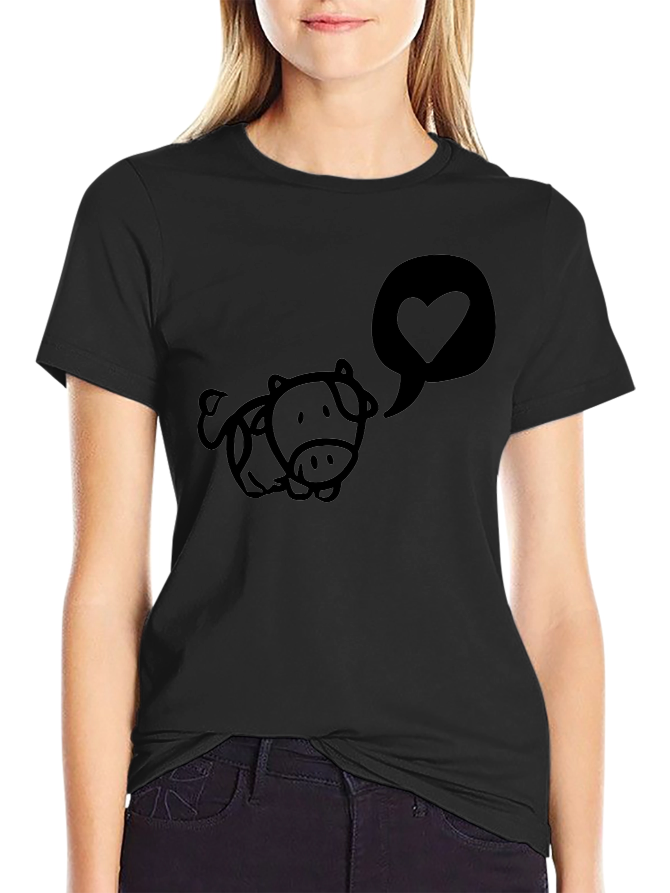 Cute Cow Love Heart Black T-Shirt