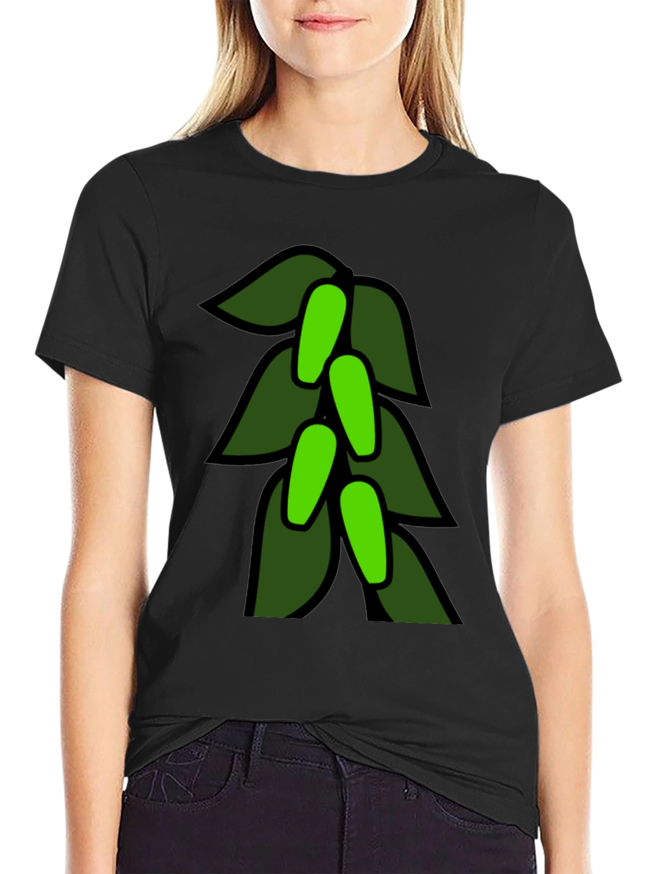Green Leaves Black T-Shirt