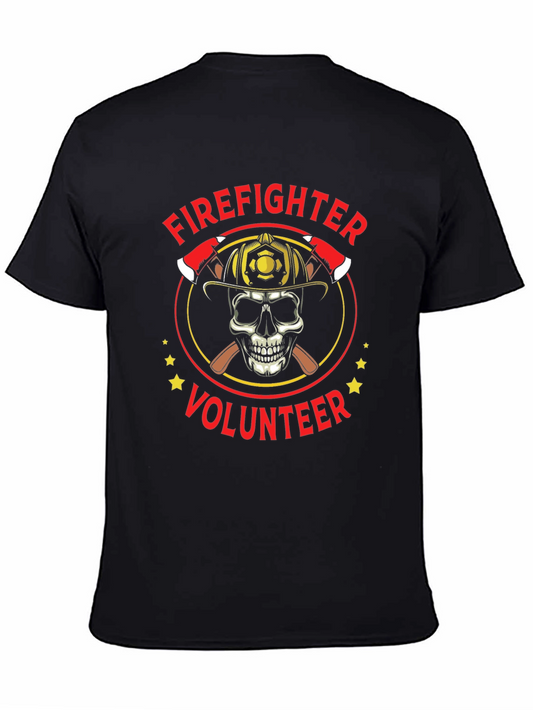 Firefighter Volunteer Skull Graphic Tee - Black Cotton Shirt
