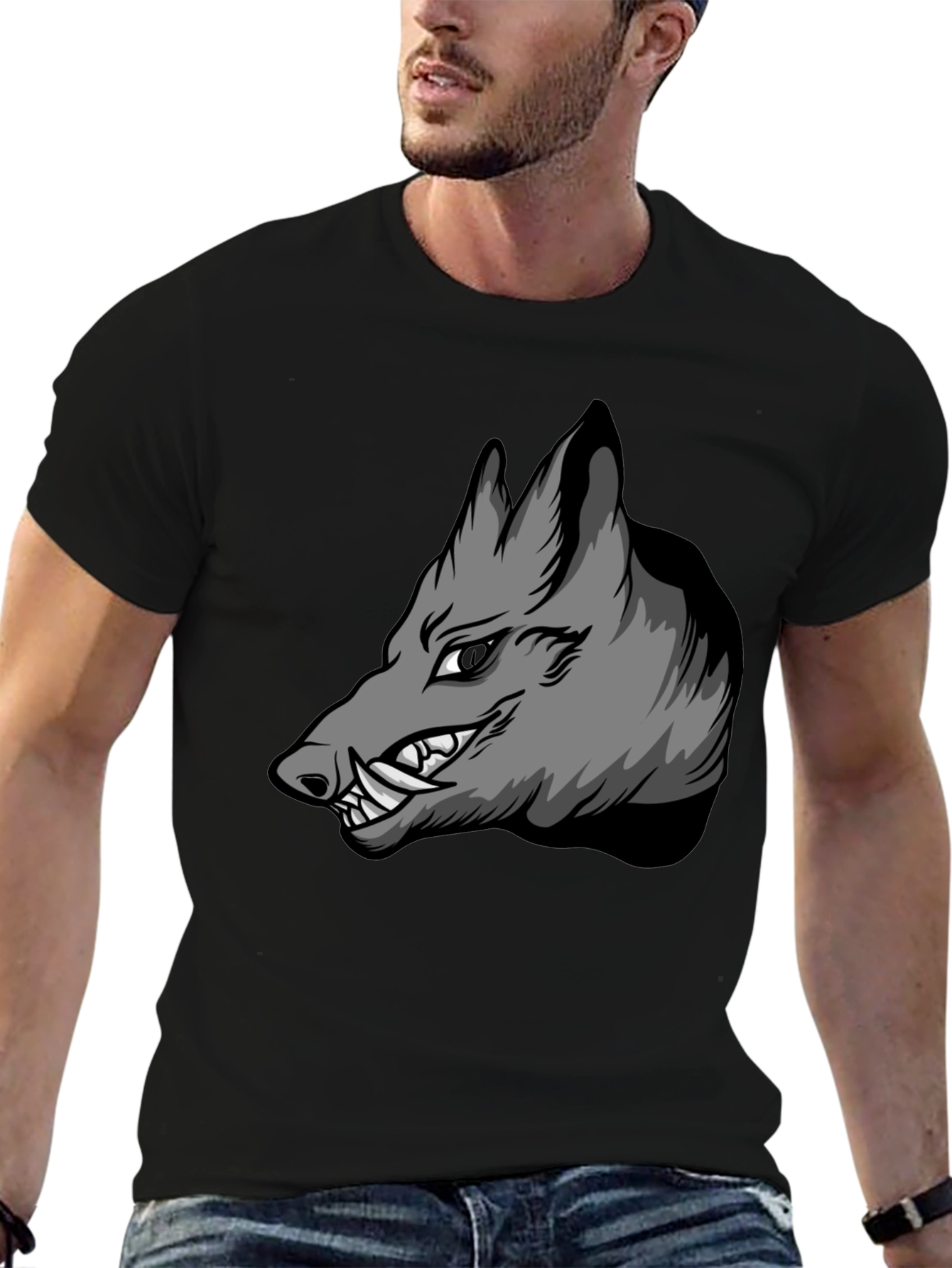 Black T-Shirt with Aggressive Boar Graphic
