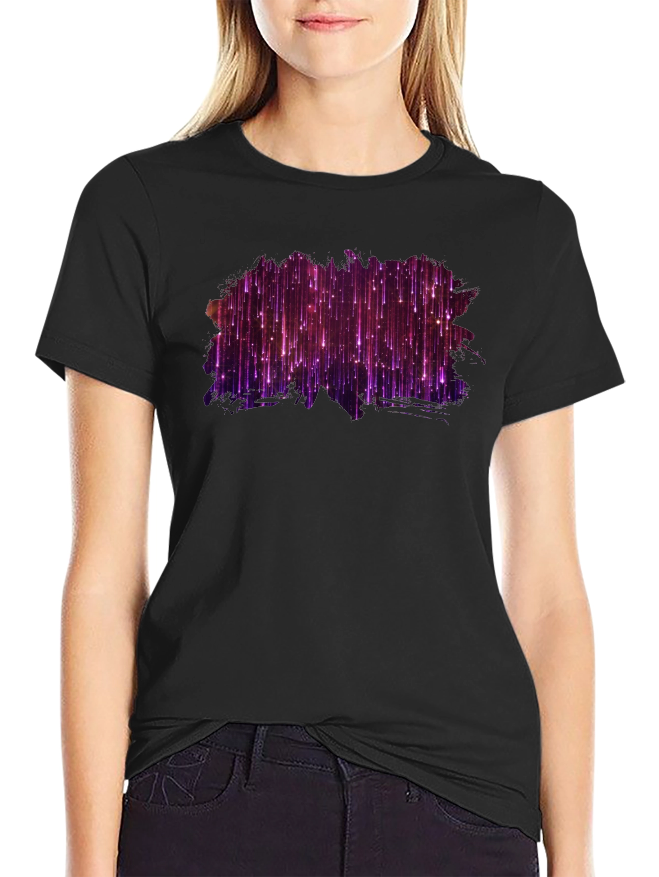 Stylish Black Tee with Abstract Purple Light Design