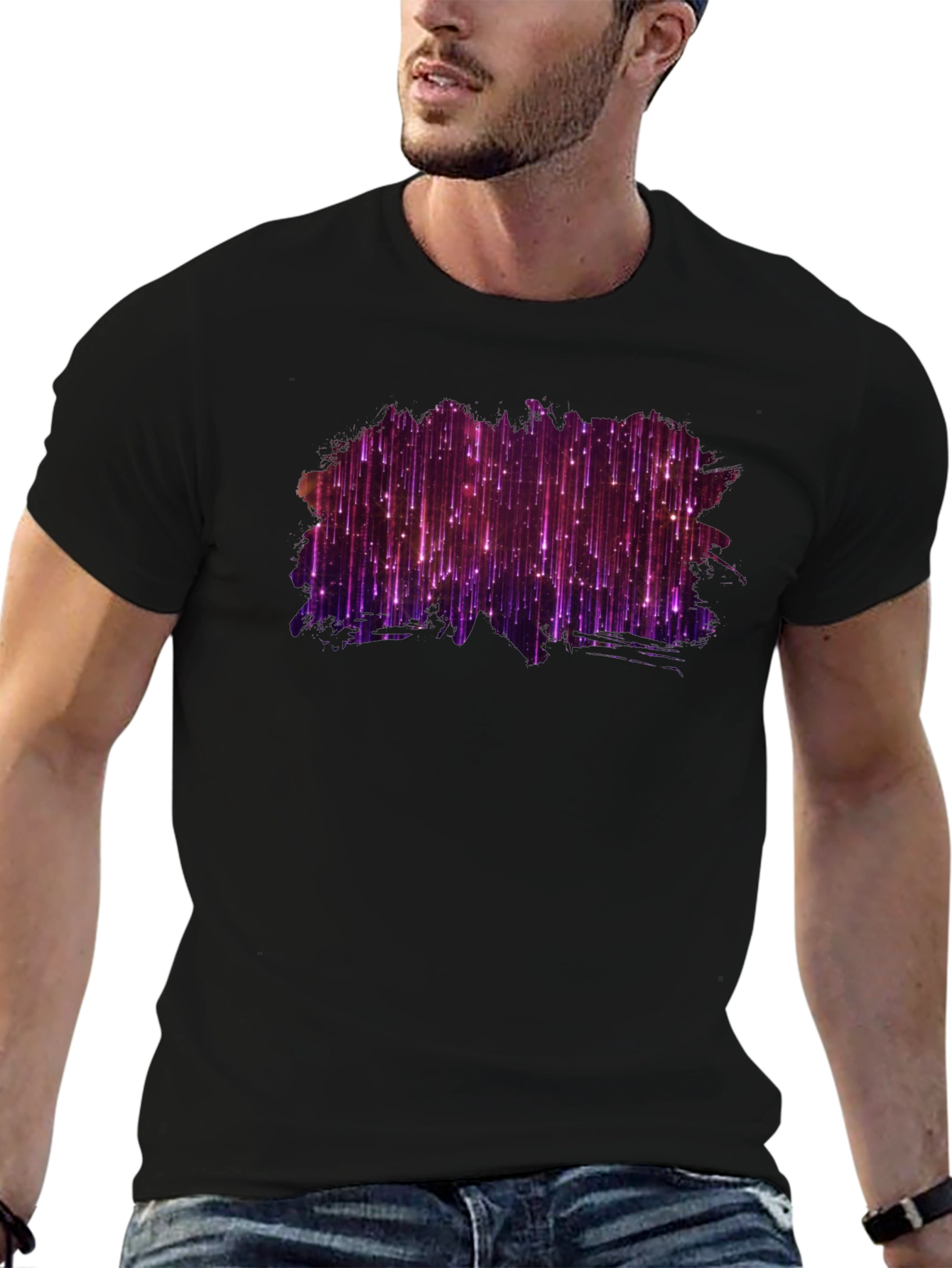 Stylish Black Tee with Abstract Purple Light Design