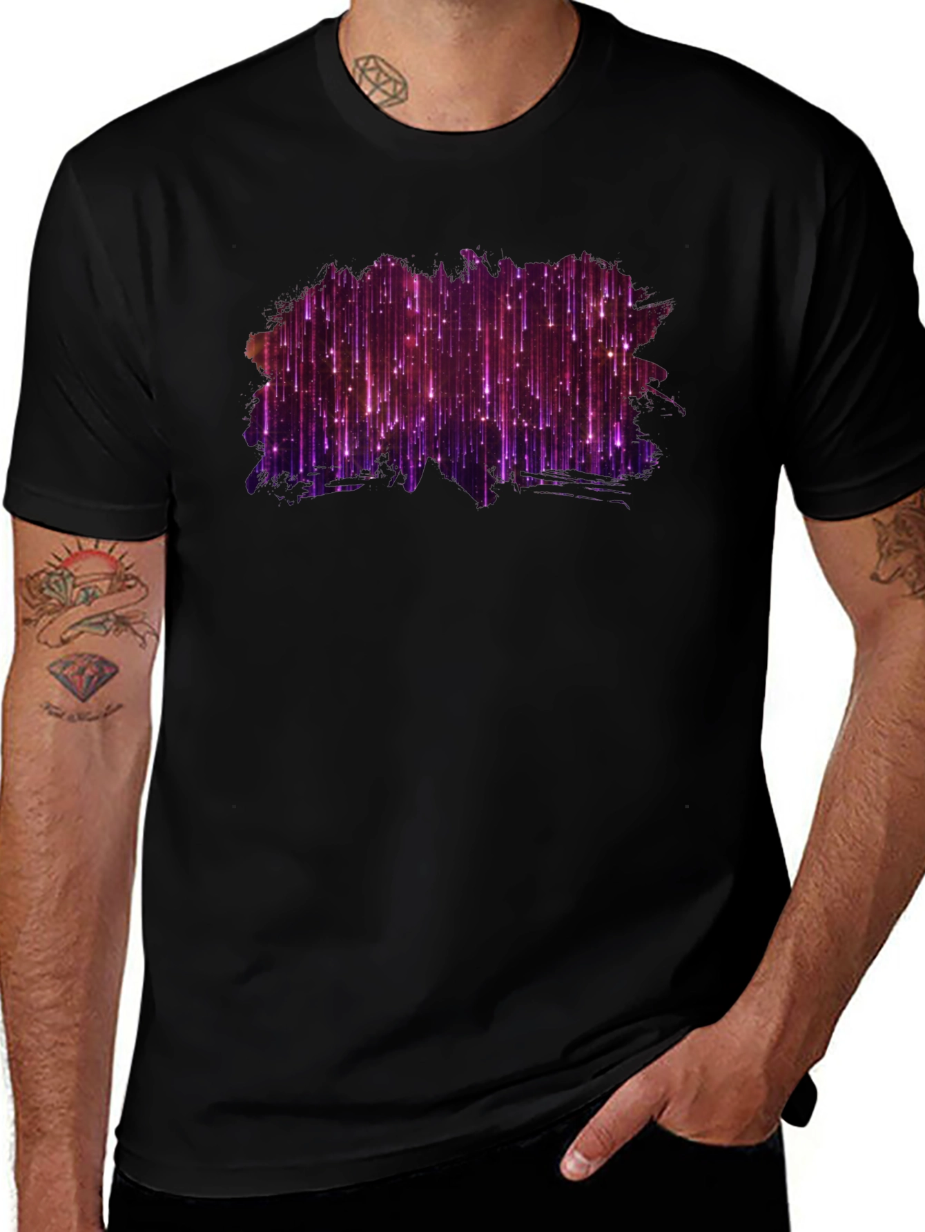 Stylish Black Tee with Abstract Purple Light Design