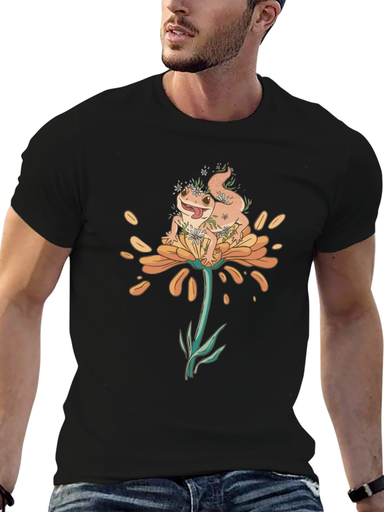 Gecko on Flower Graphic T-Shirt - Black
