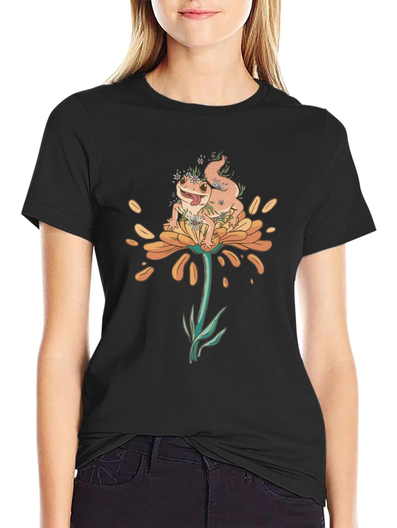Gecko on Flower Graphic T-Shirt - Black