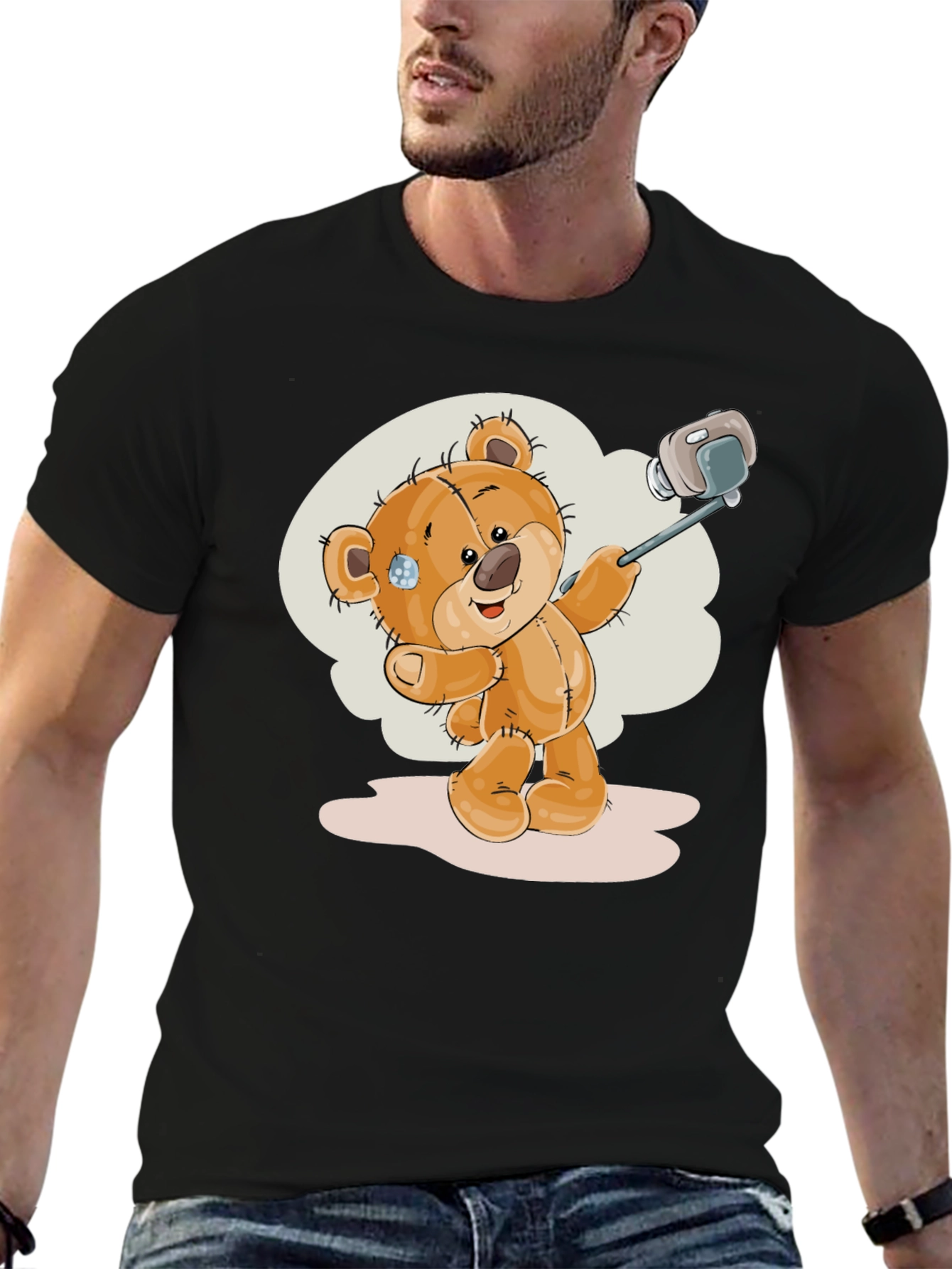 Teddy Bear Selfie T-Shirt - Black Cotton Tee