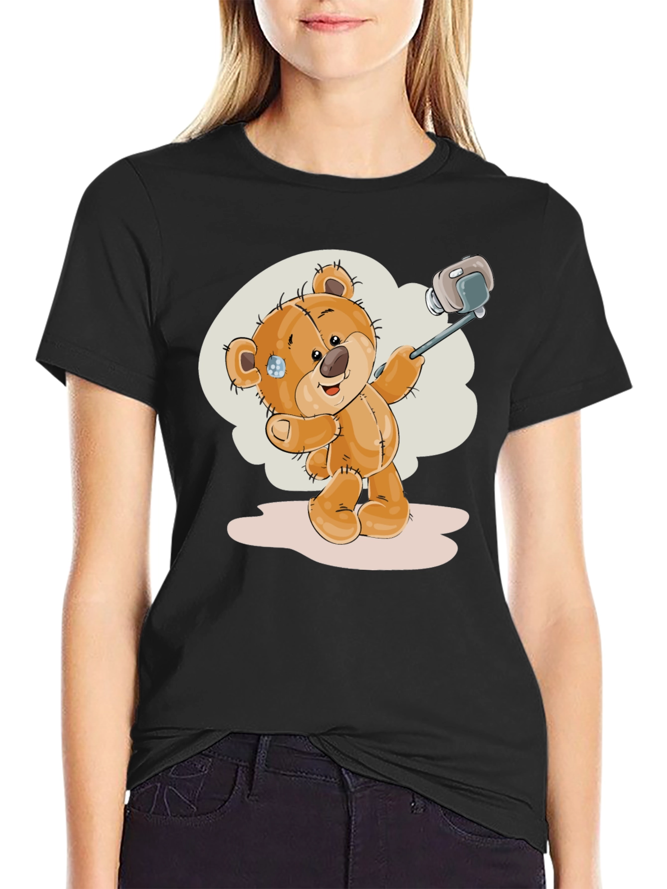 Teddy Bear Selfie T-Shirt - Black Cotton Tee