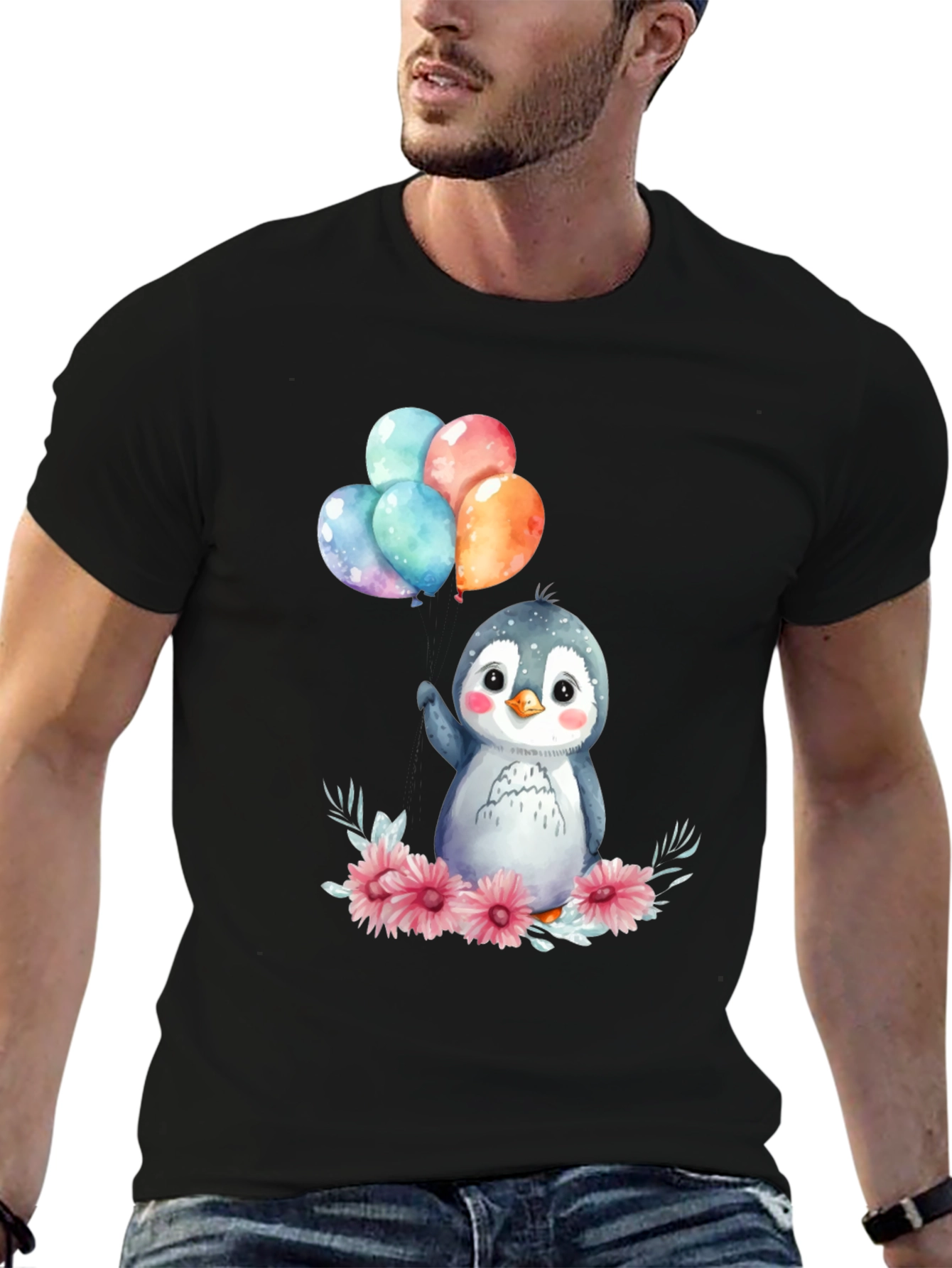 Cute Penguin with Balloons Graphic Tee