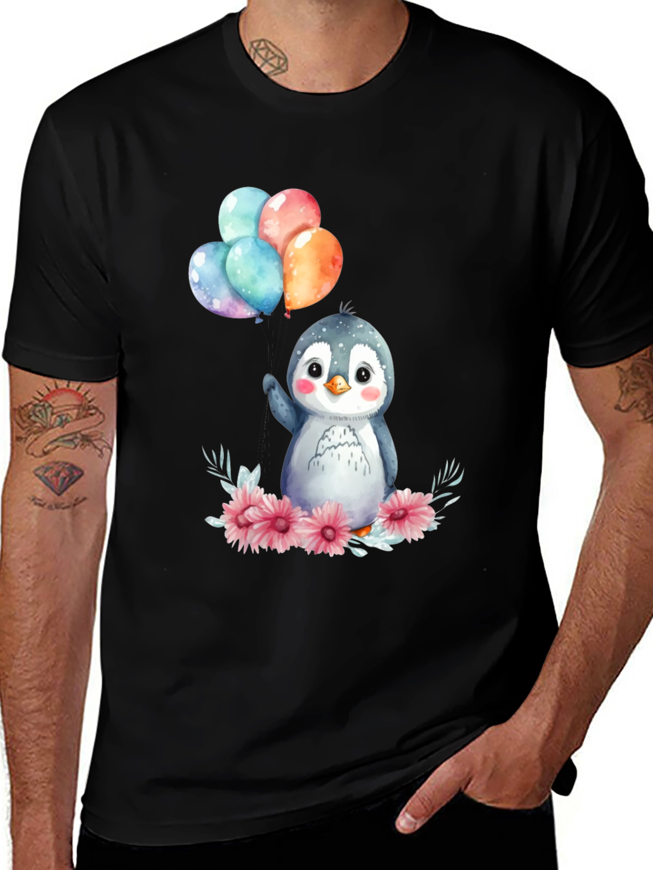 Cute Penguin with Balloons Graphic Tee