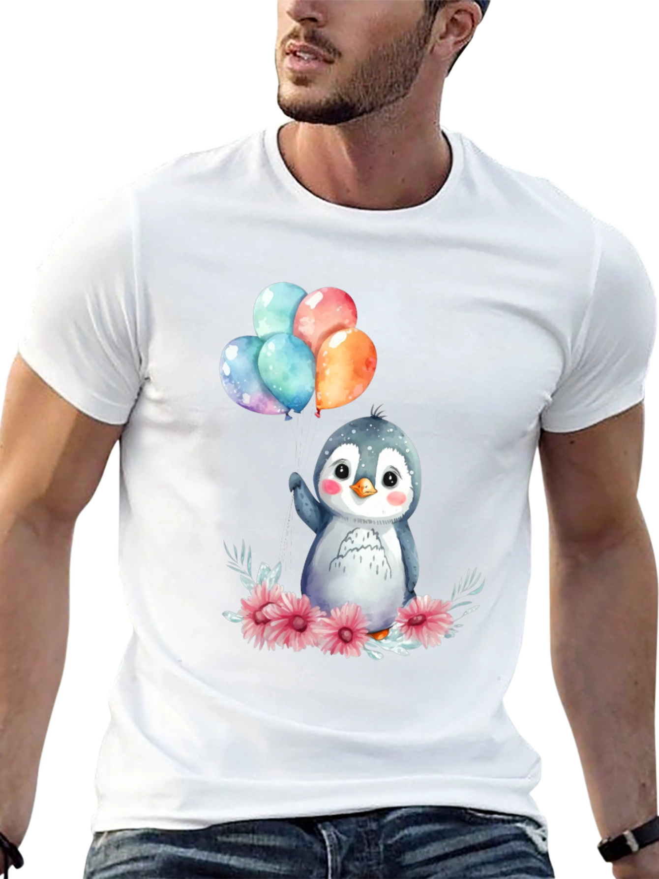Cute Penguin with Balloons Graphic Tee