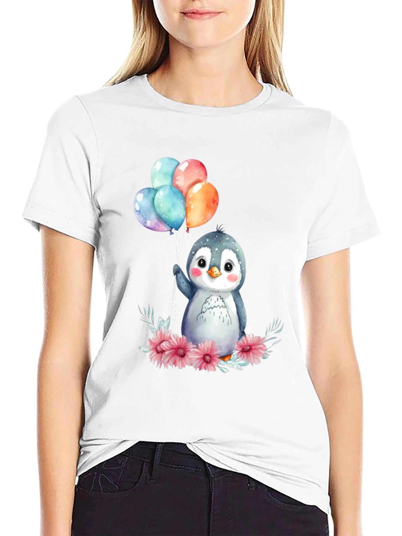 Cute Penguin with Balloons Graphic Tee