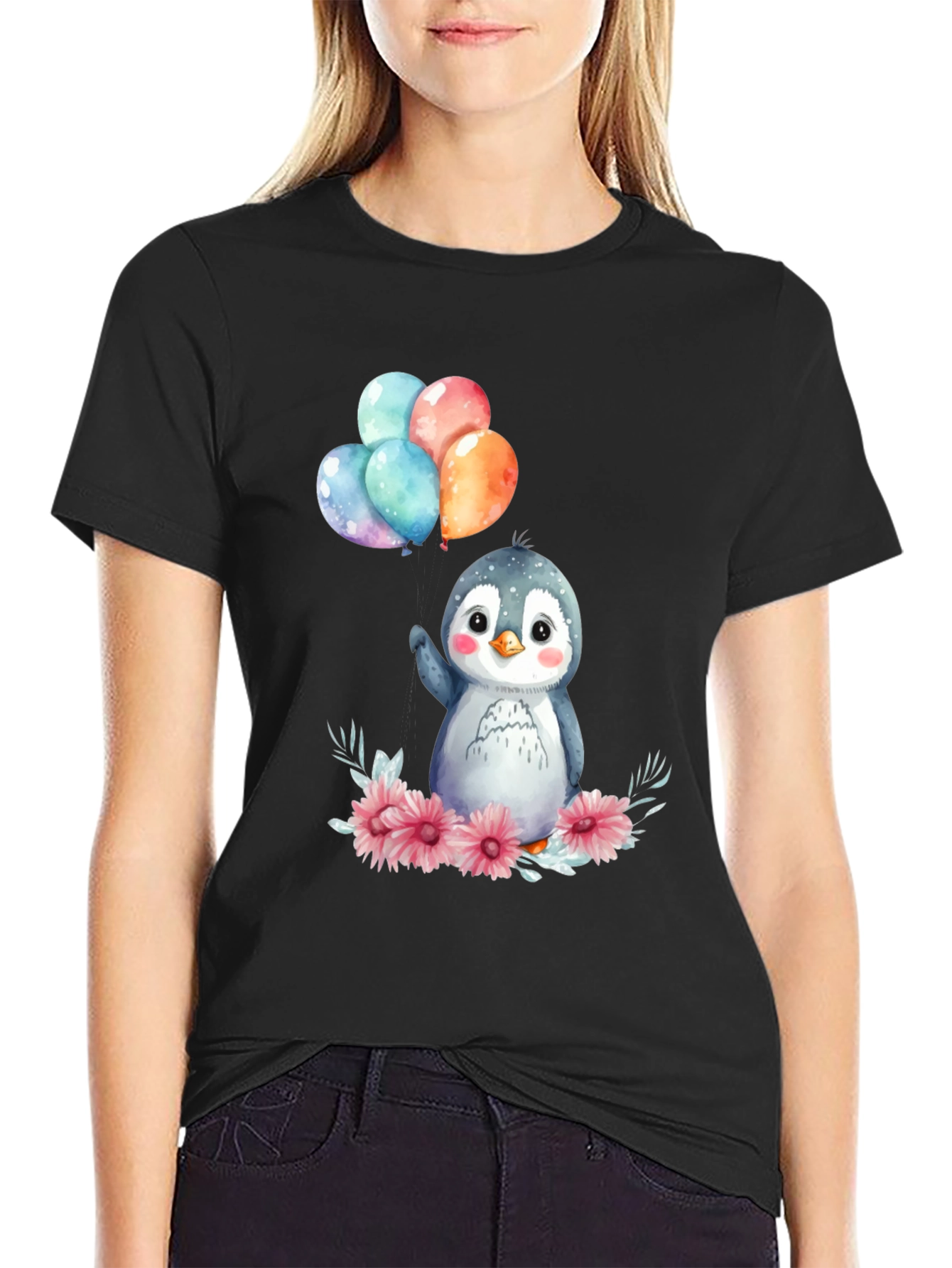 Cute Penguin with Balloons Graphic Tee