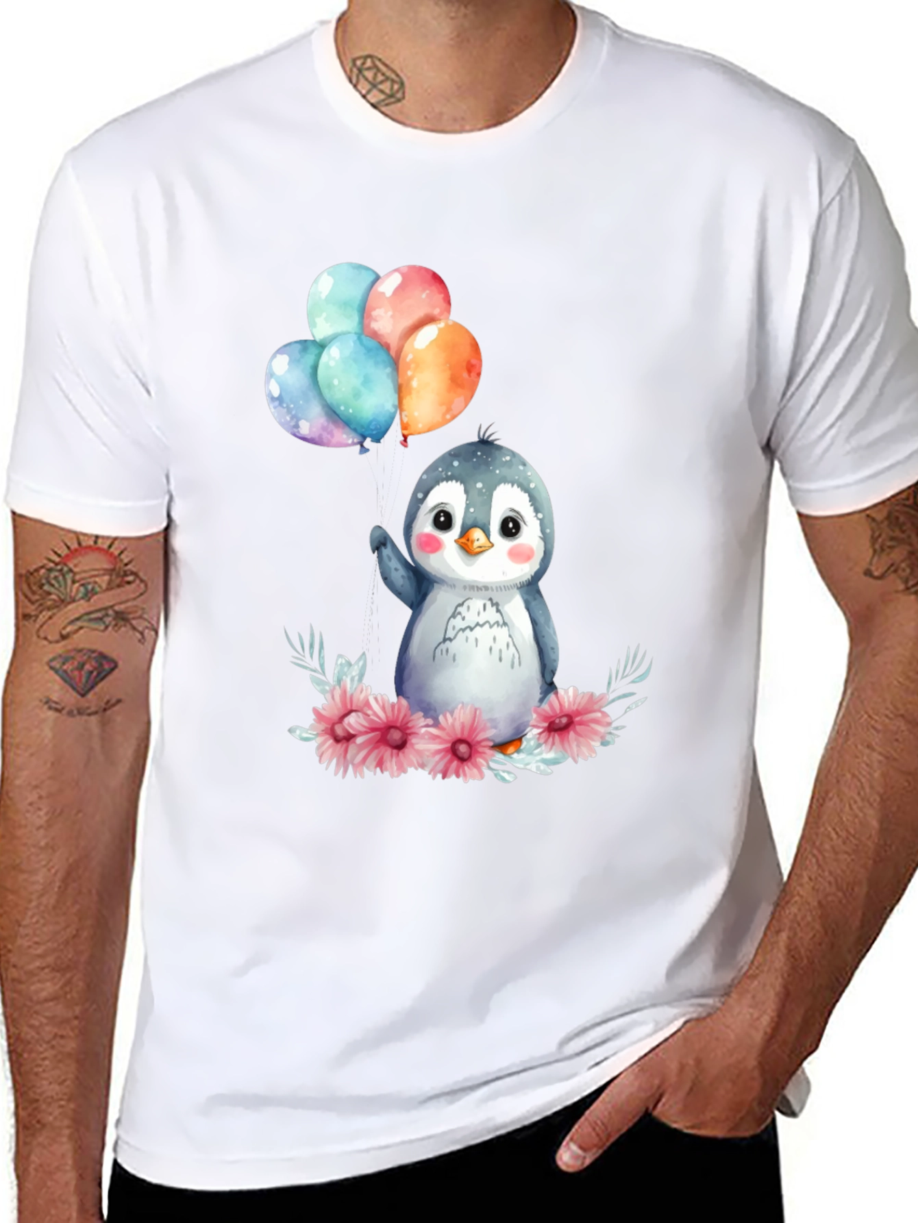 Cute Penguin with Balloons Graphic Tee