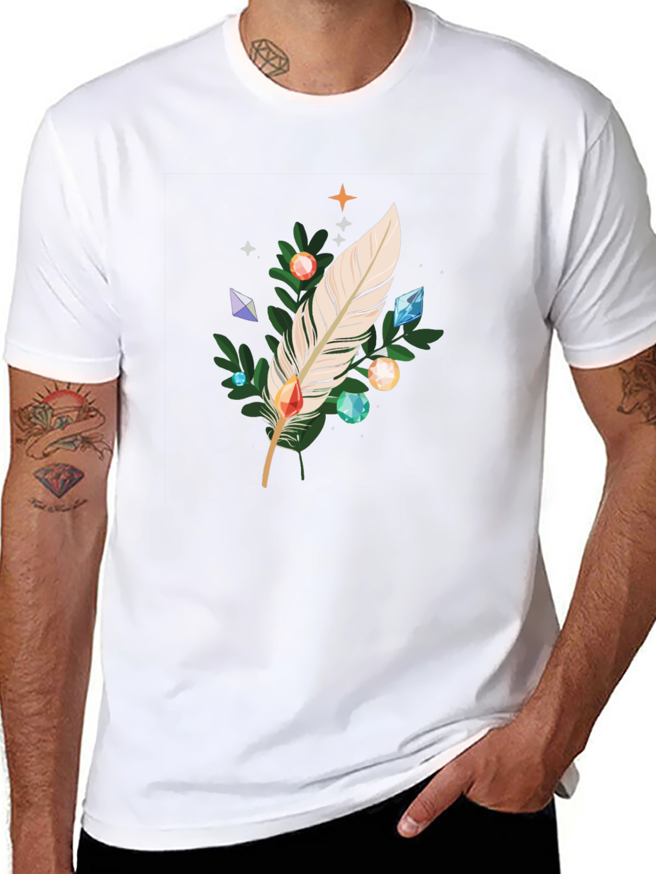 Feather & Gemstone Graphic Black T-Shirt