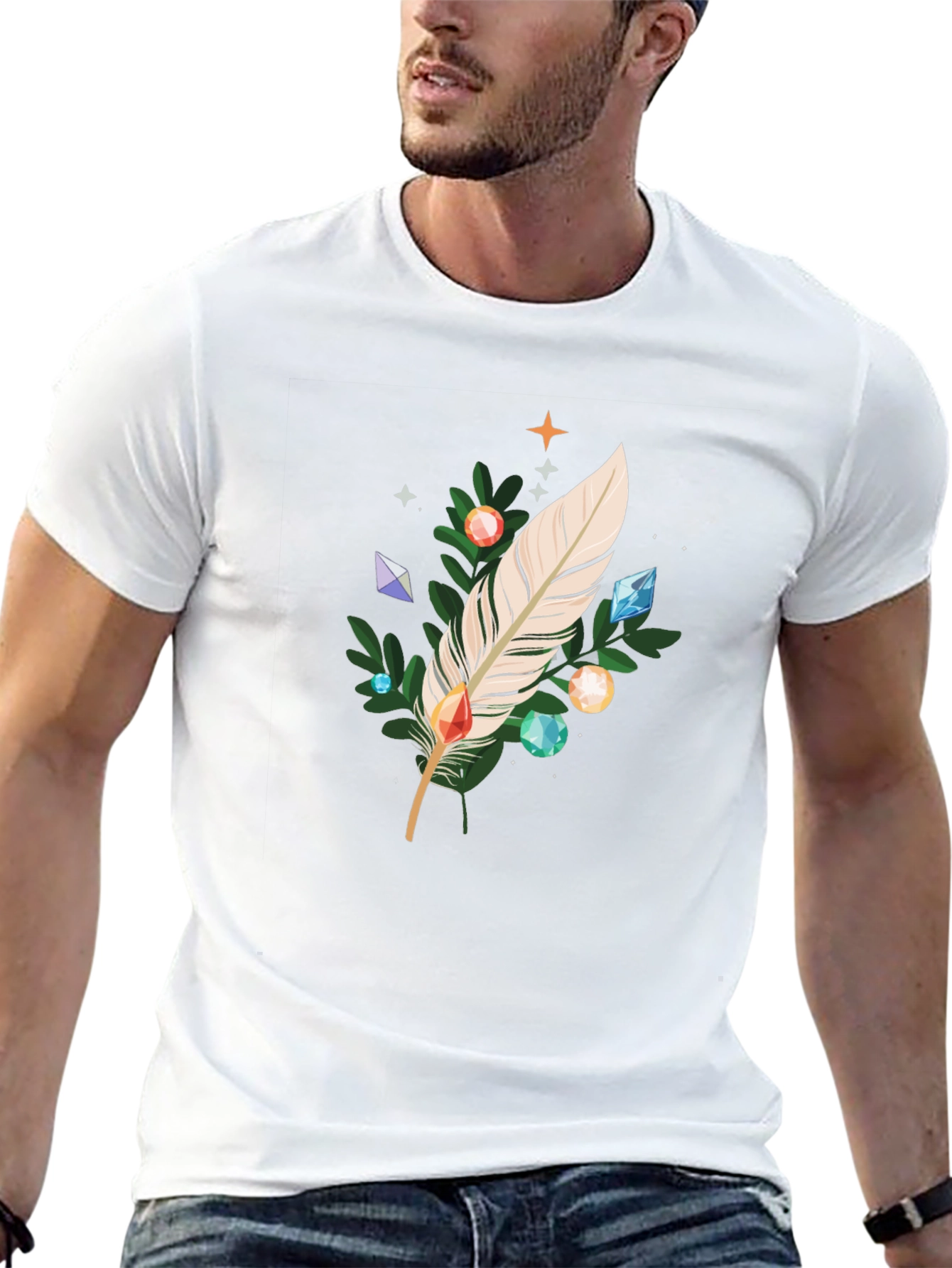 Feather & Gemstone Graphic Black T-Shirt