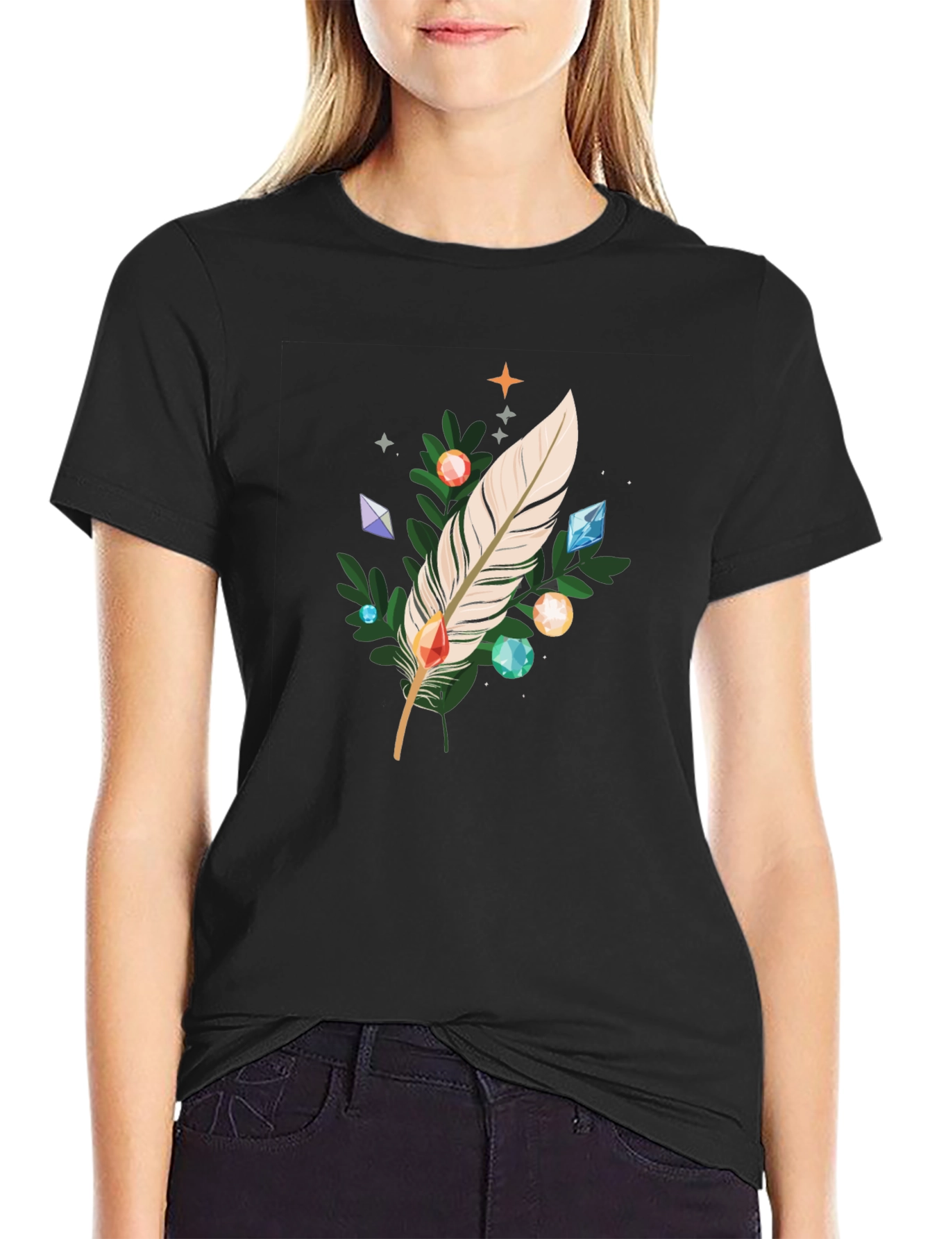 Feather & Gemstone Graphic Black T-Shirt