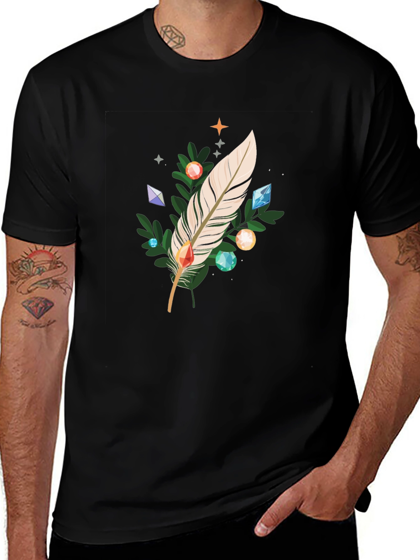 Feather & Gemstone Graphic Black T-Shirt