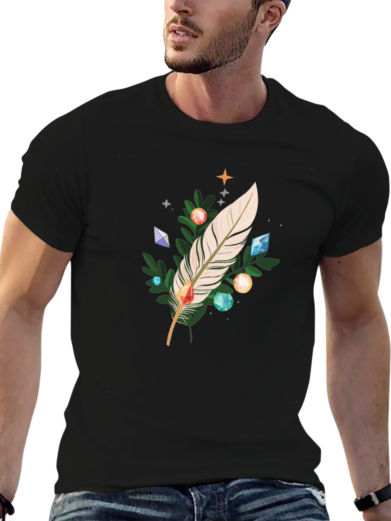 Feather & Gemstone Graphic Black T-Shirt