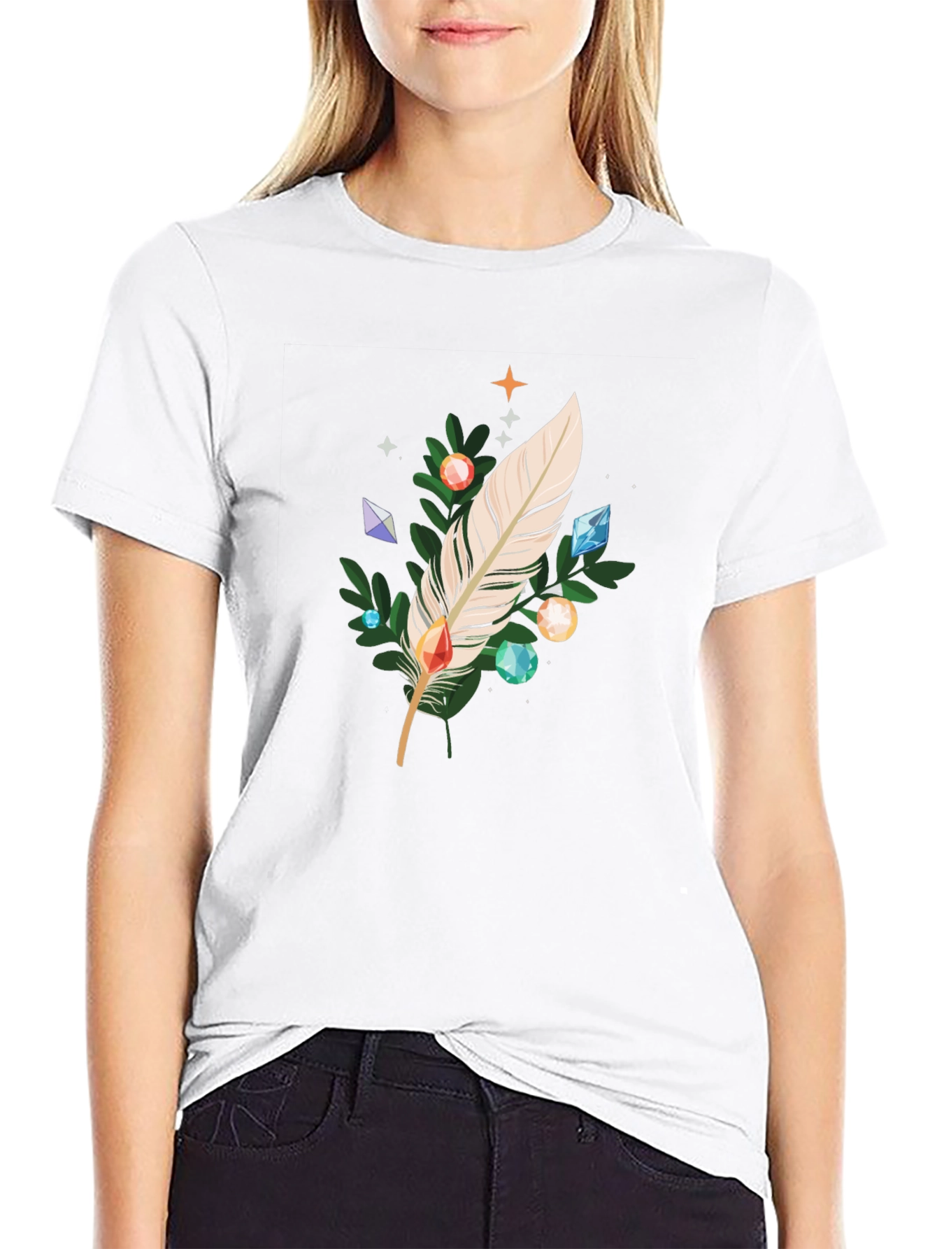 Feather & Gemstone Graphic Black T-Shirt