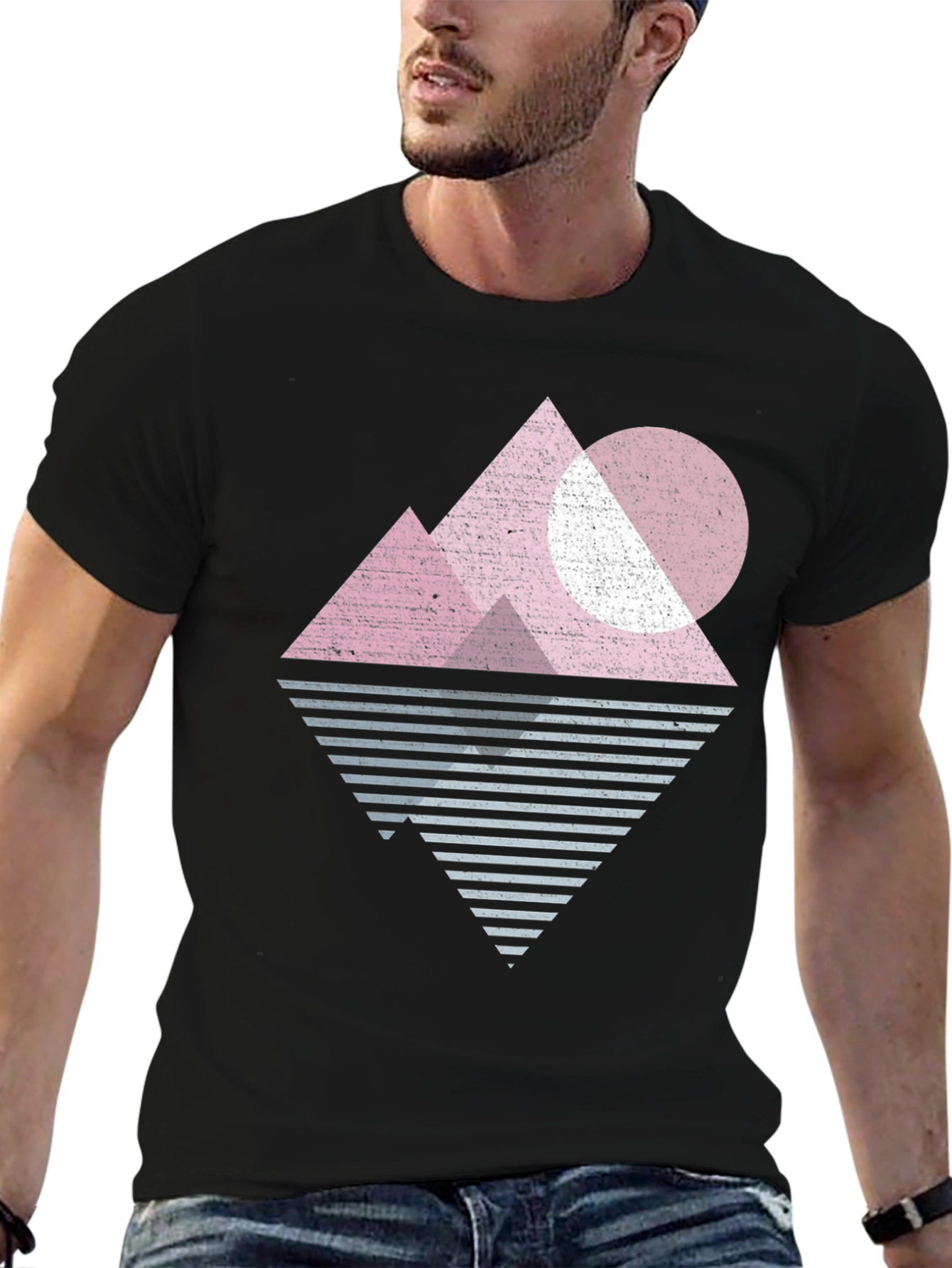 Geometric Mountain Graphic Tee - Retro Style Black T-Shirt