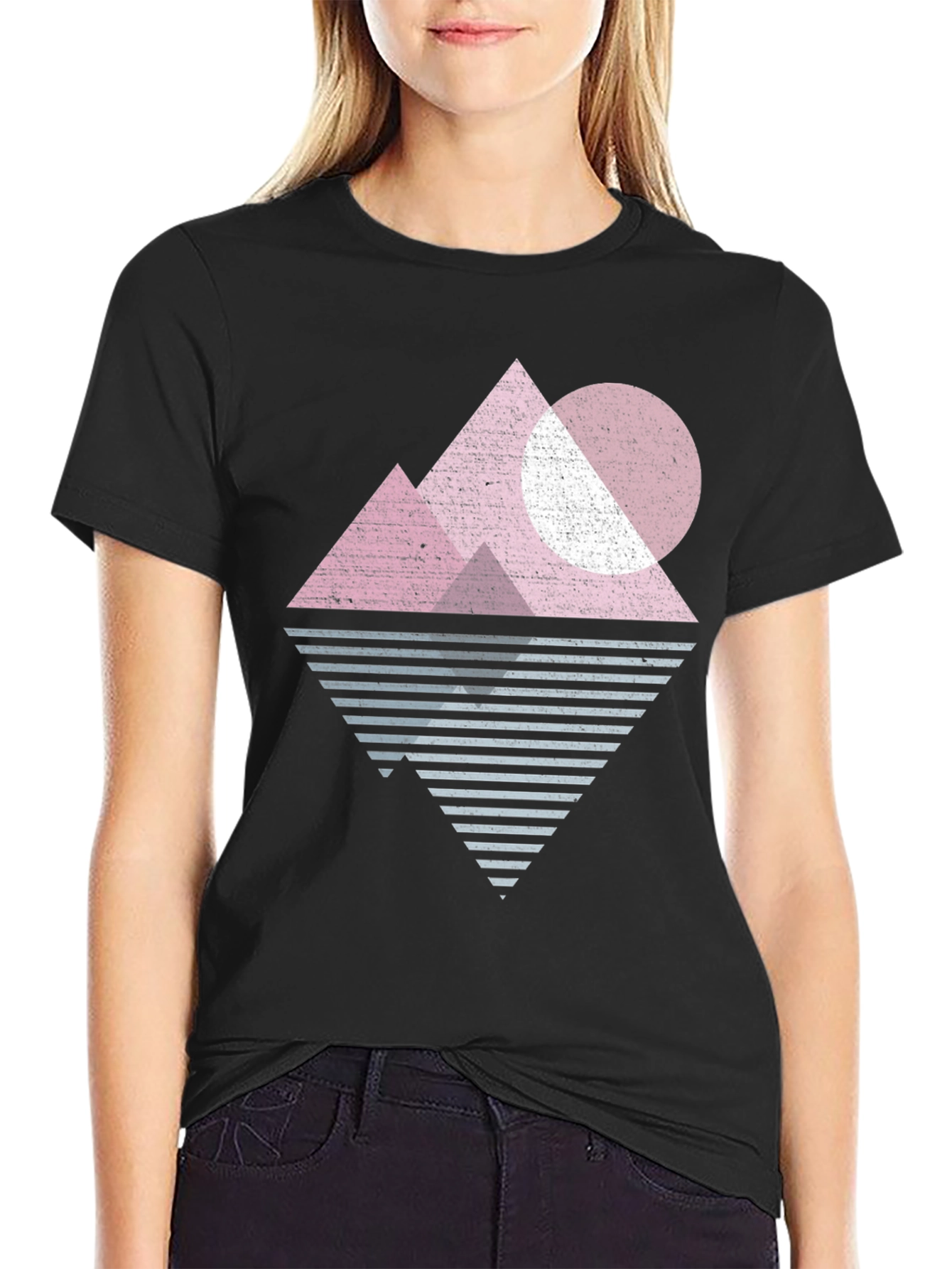 Geometric Mountain Graphic Tee - Retro Style Black T-Shirt