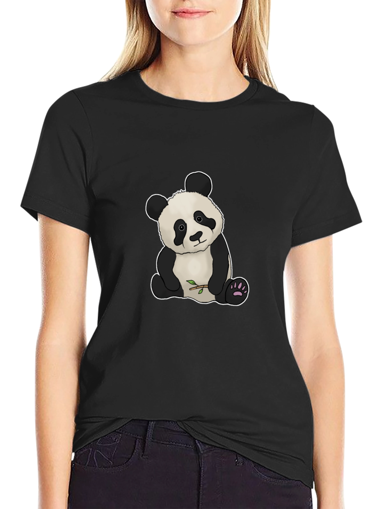 Cute Panda Bear Graphic Tee - Black Cotton Blend