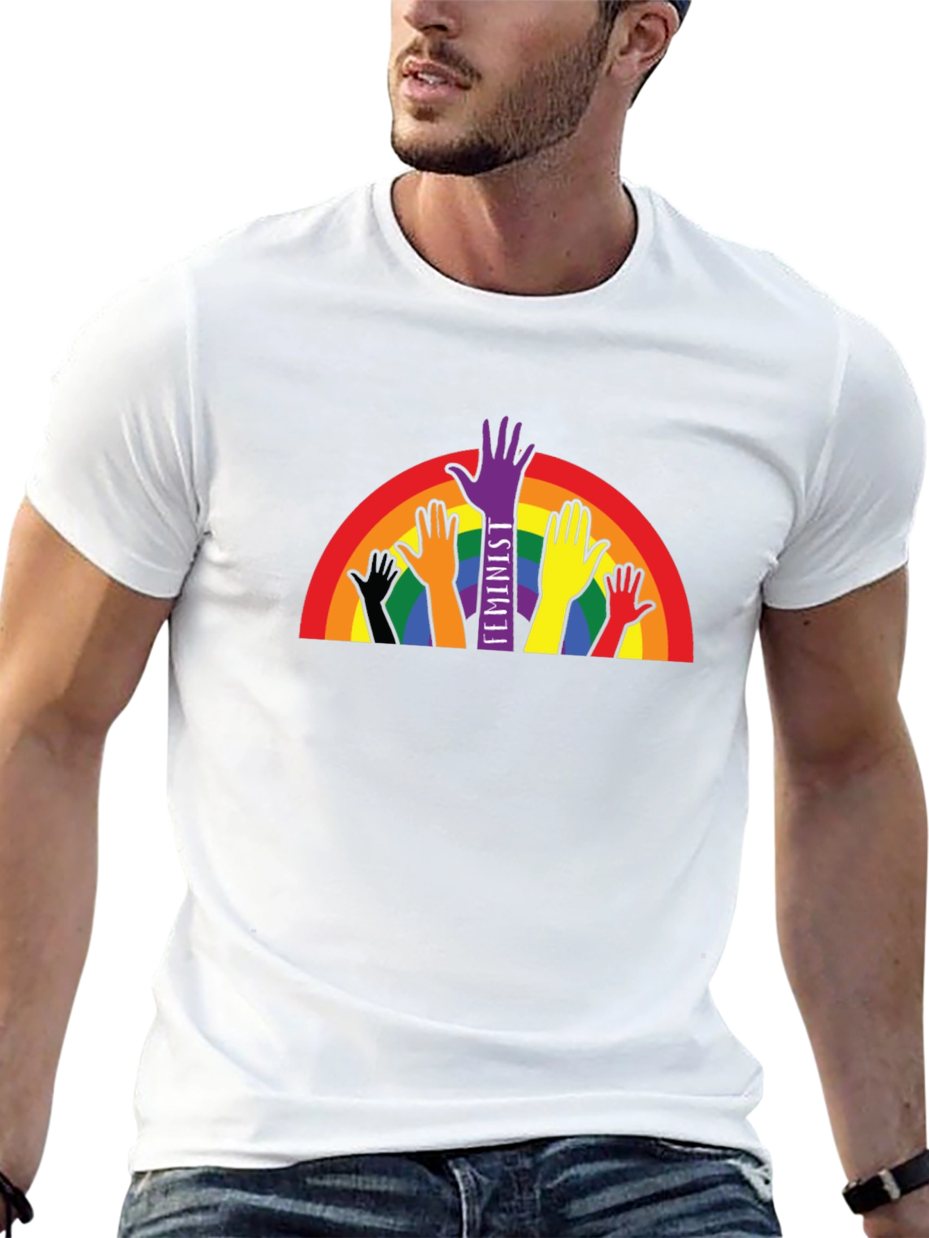 Feminist Pride T-Shirt Rainbow Hands Black