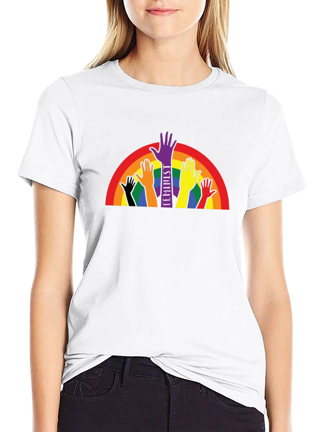 Feminist Pride T-Shirt Rainbow Hands Black
