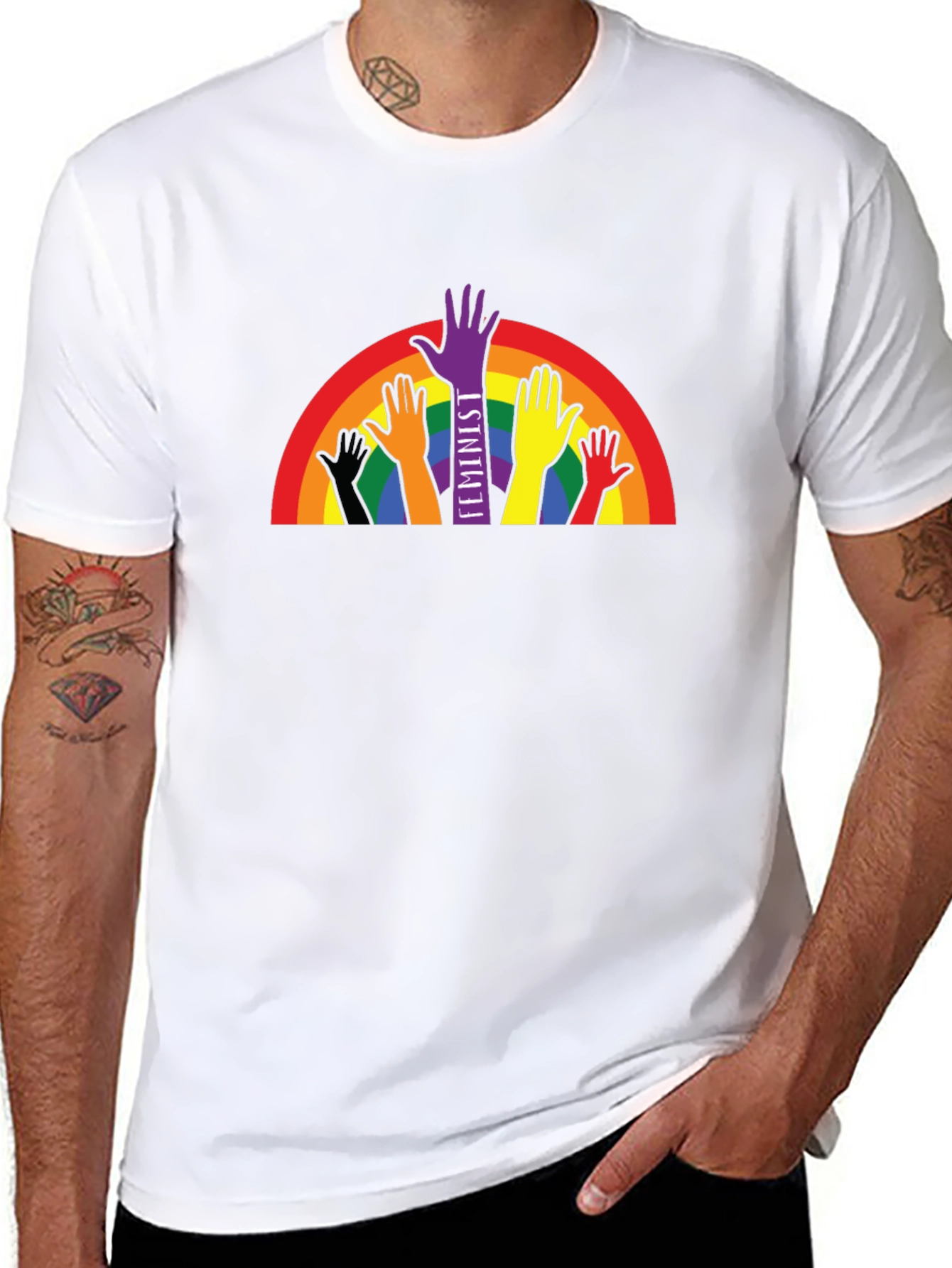 Feminist Pride T-Shirt Rainbow Hands Black