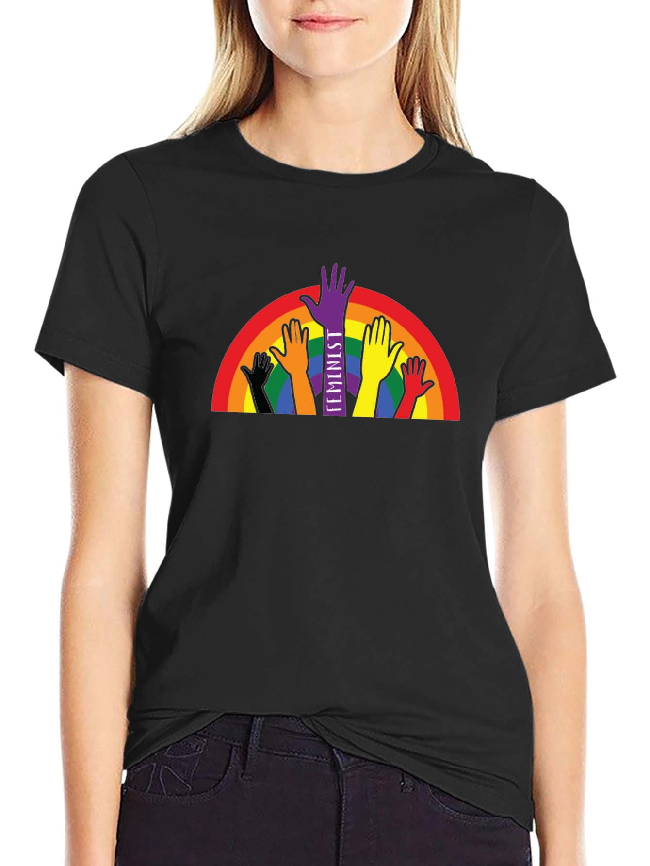 Feminist Pride T-Shirt Rainbow Hands Black
