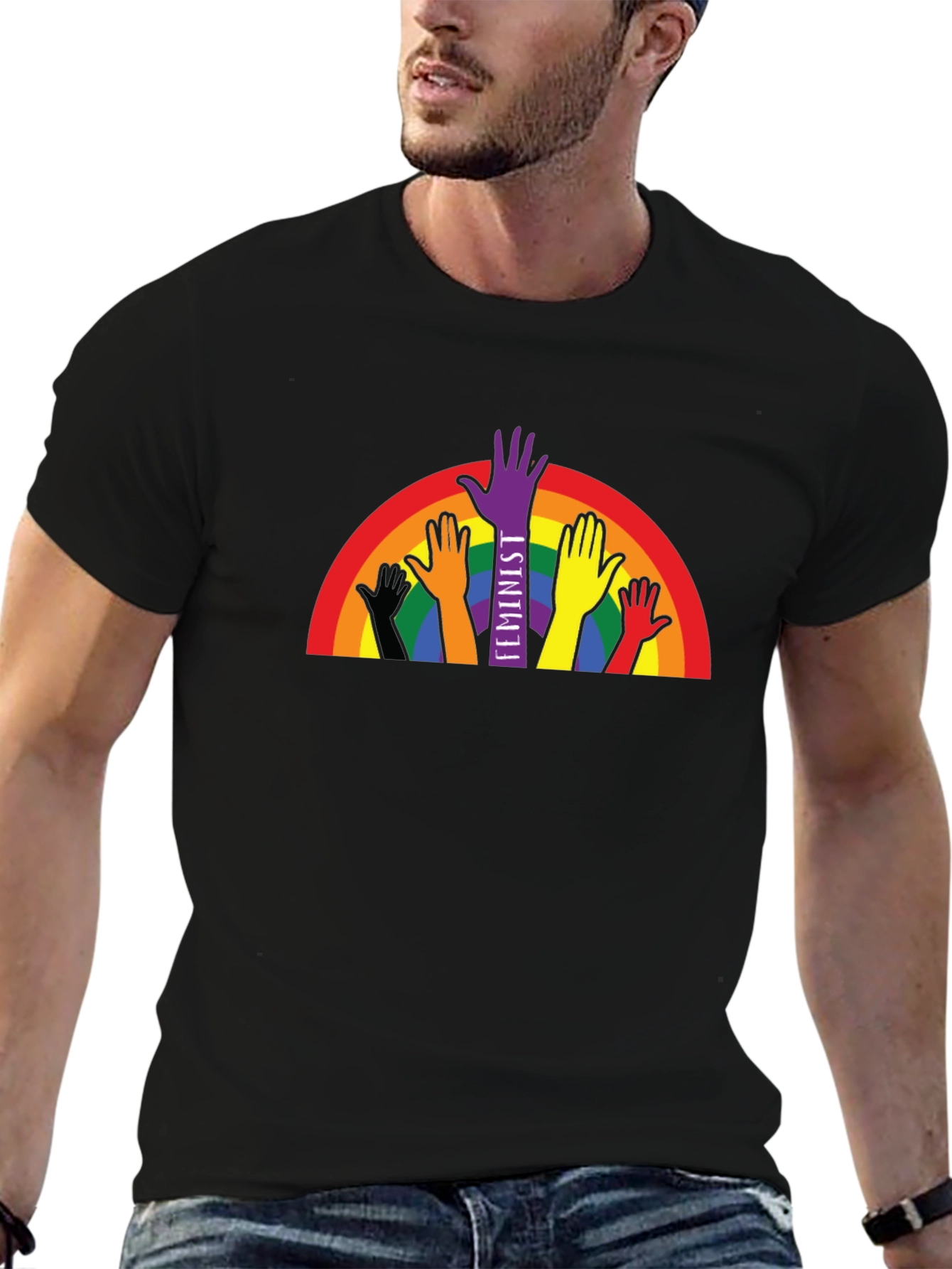 Feminist Pride T-Shirt Rainbow Hands Black