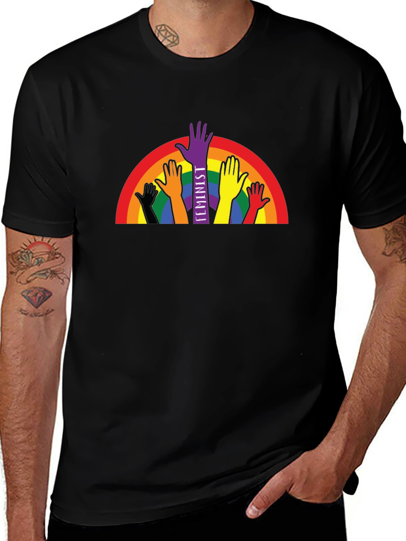 Feminist Pride T-Shirt Rainbow Hands Black