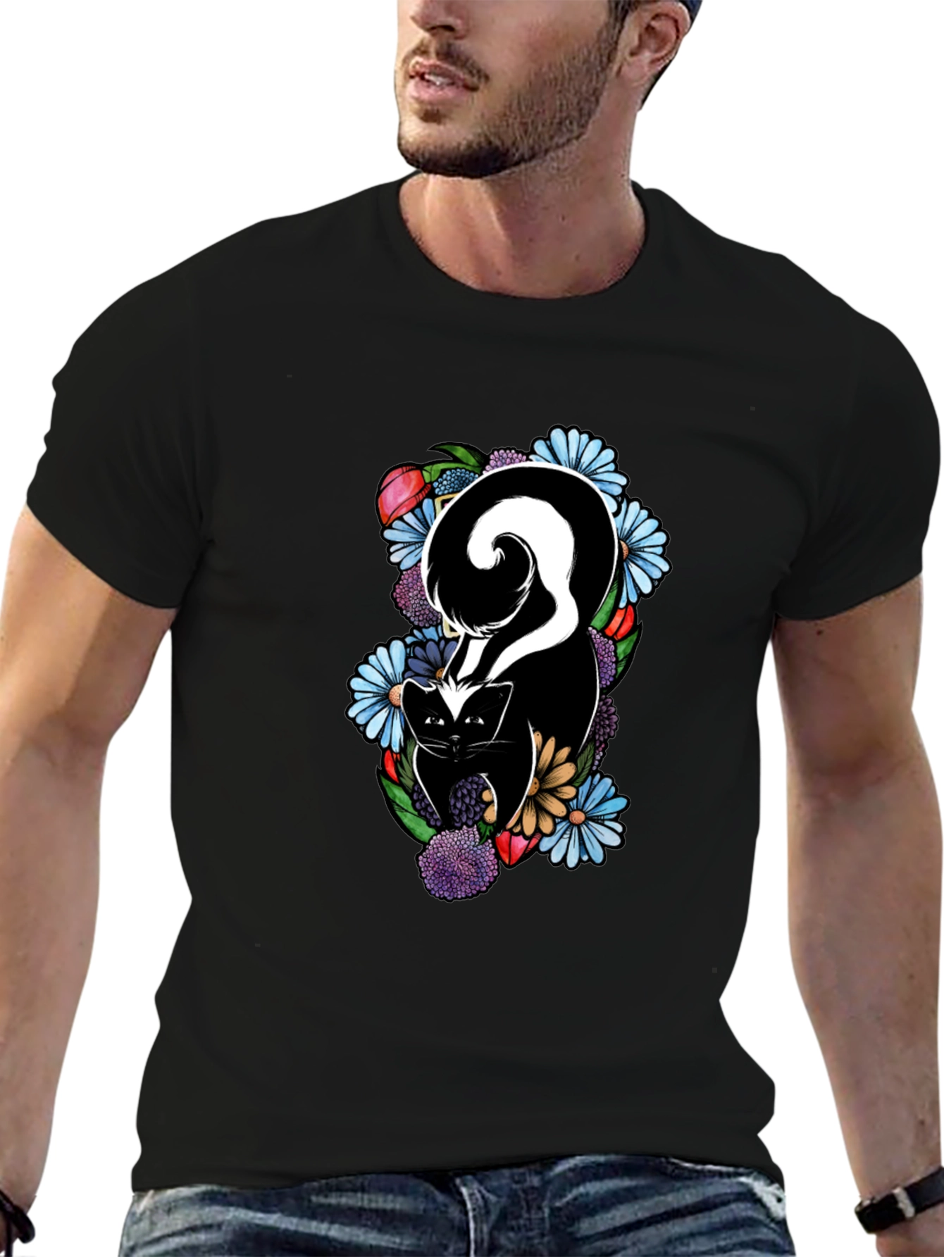 Skunk & Floral Graphic Tee - Black