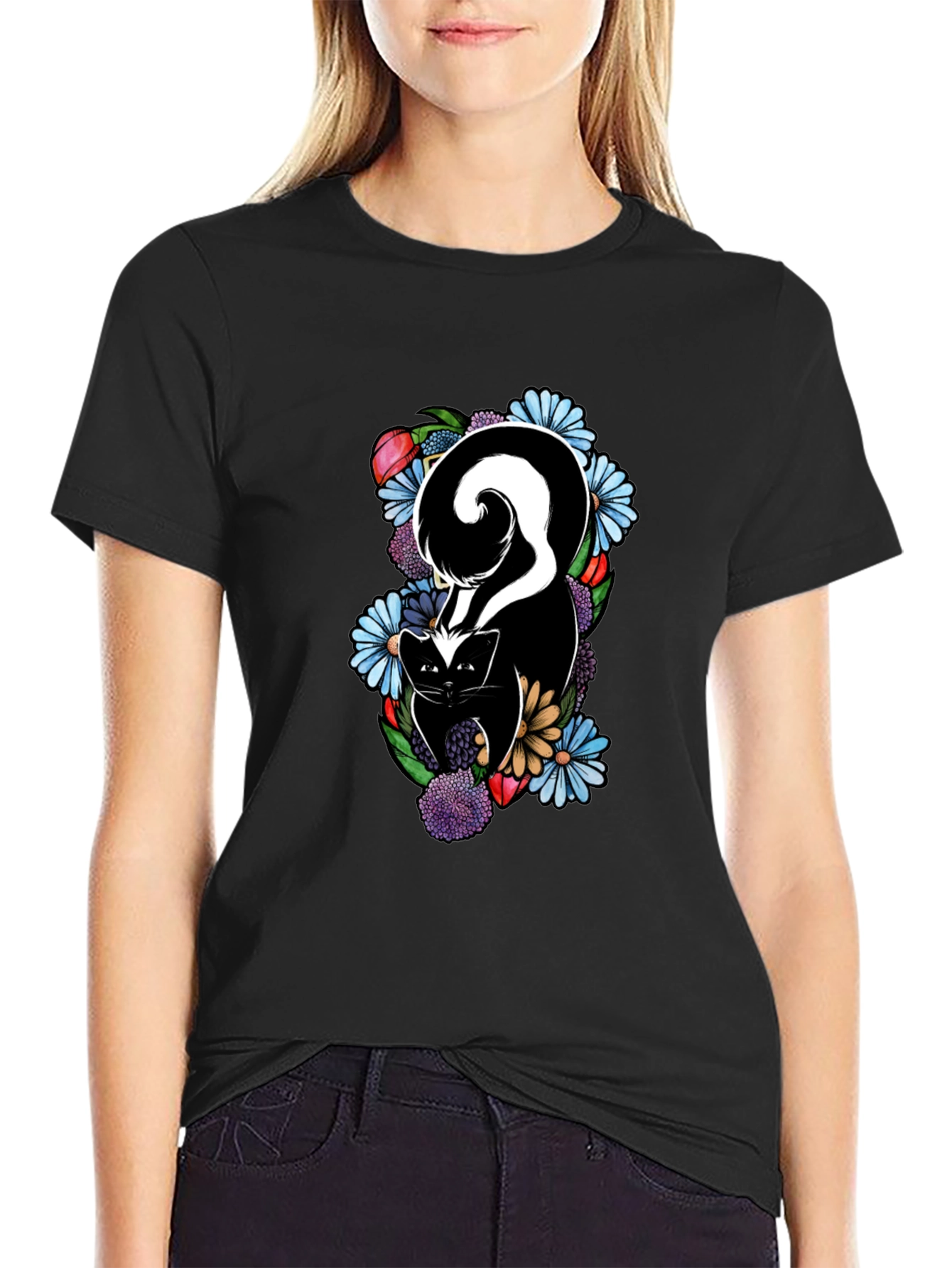 Skunk & Floral Graphic Tee - Black