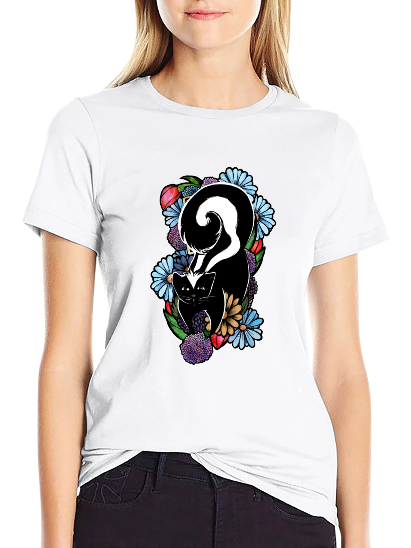 Skunk & Floral Graphic Tee - Black