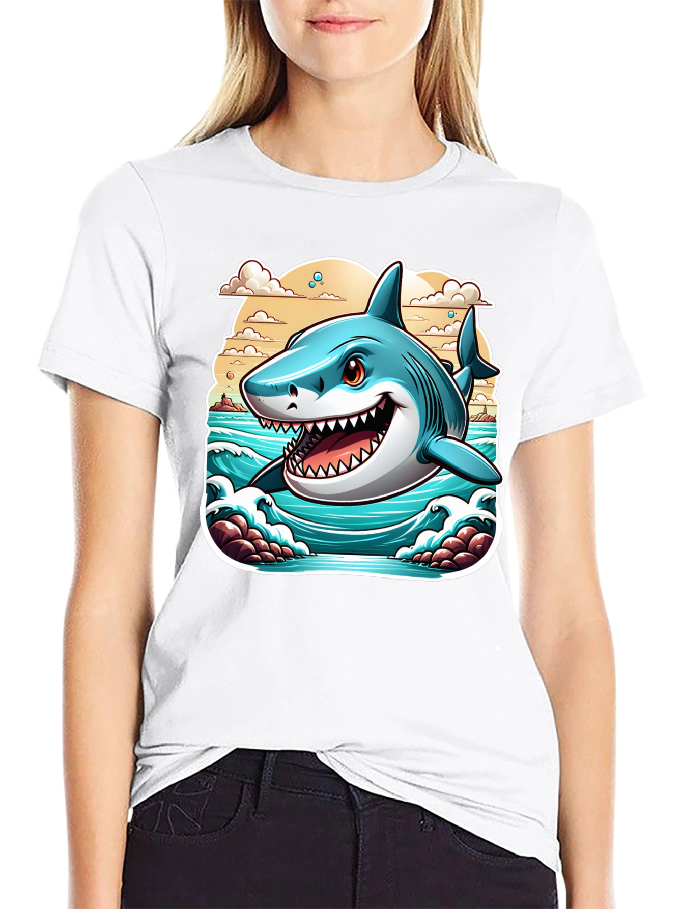 Shark Graphic Print Tee - Cool Cartoon Ocean Design