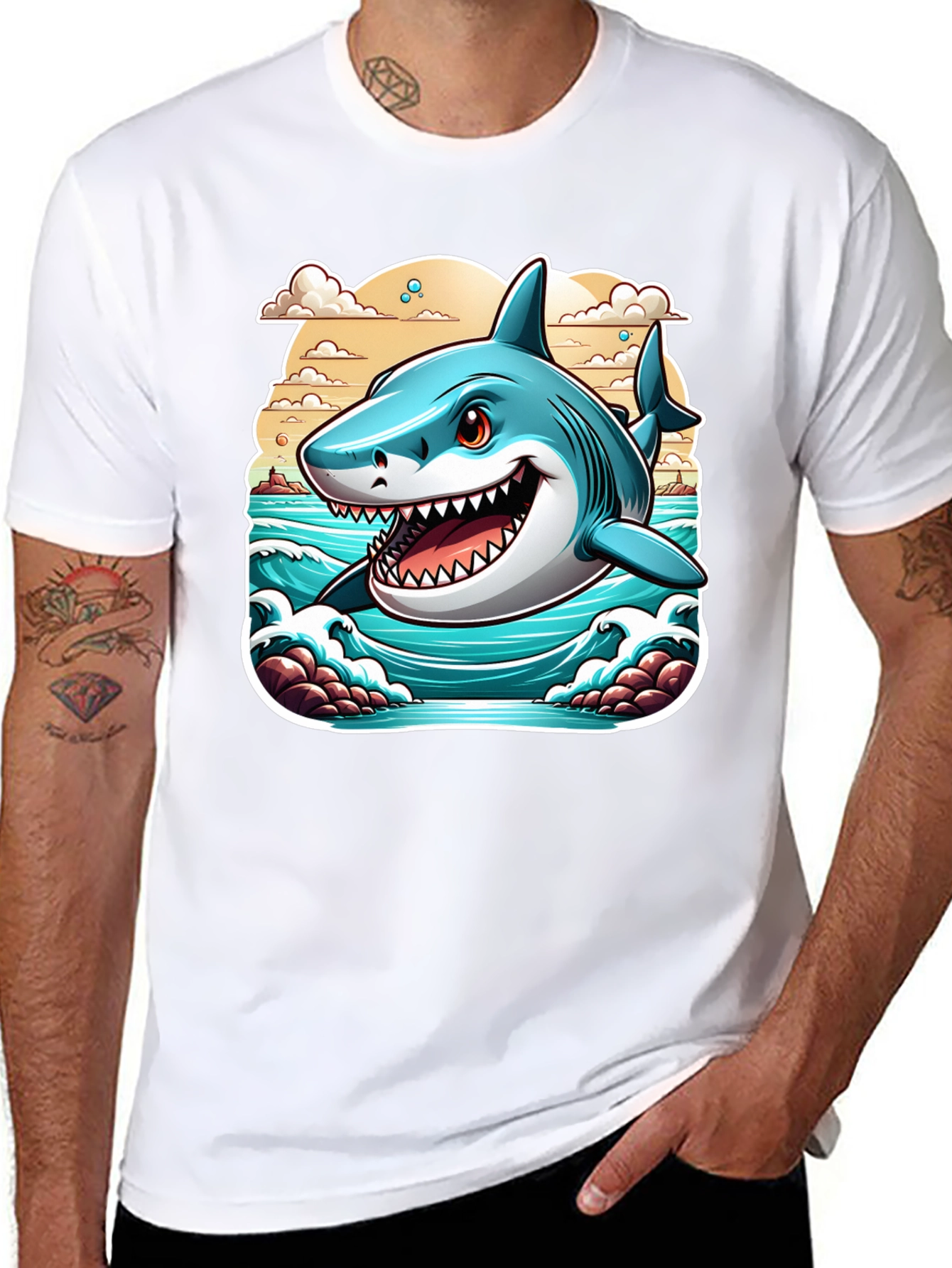 Shark Graphic Print Tee - Cool Cartoon Ocean Design