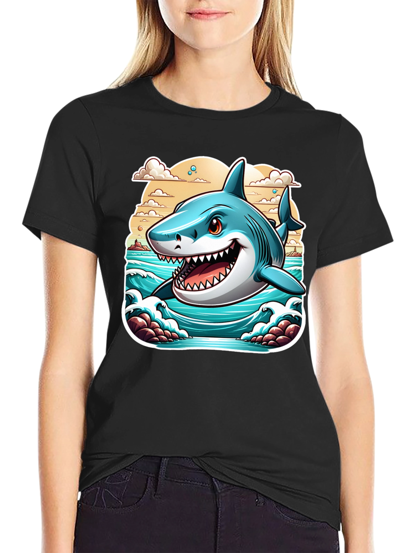 Shark Graphic Print Tee - Cool Cartoon Ocean Design