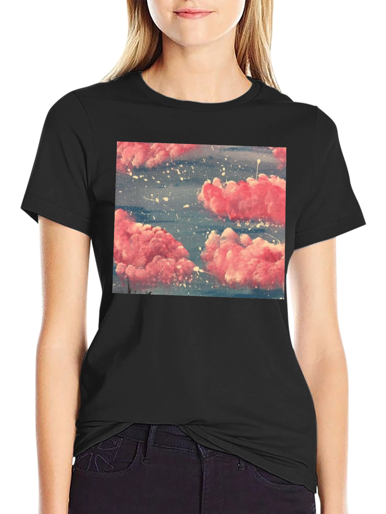 Pink Cloud Art Black T-Shirt